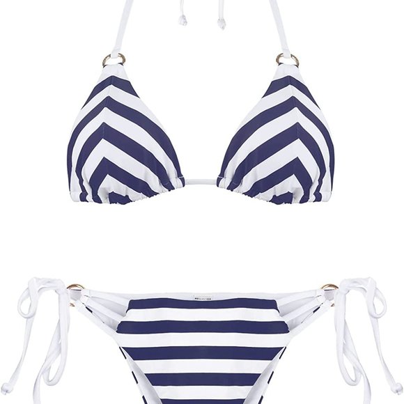 RELLECIGA Brazilian Striped Bikini Halter String Triangle Top & Cheeky Bottom. M - Picture 3 of 5